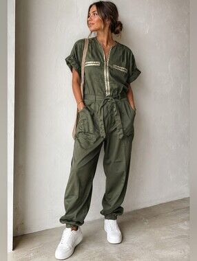 NWT Insprd By Tezza Olive Green Utility Jumpsuit with Tie Waist